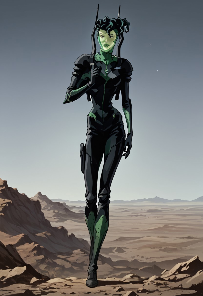 (((beautiful, high quality))), score_9, score_8_up, score_7_up, score_9, score_8_up, score_8, masterpiece, 4k, best quality, unrealistically high details, extremely high quality, ultra high detail, good anatomy, perfect anatomy, anatomically correct hands:1.5, 
ani_alexa, 1girl, solo, black hair, short hair, black and green body suit, green face mask, antenna backpack, ear microphone, full body, standing, outdoors, desolate rocky desert, night, dark sky, detailed Background,