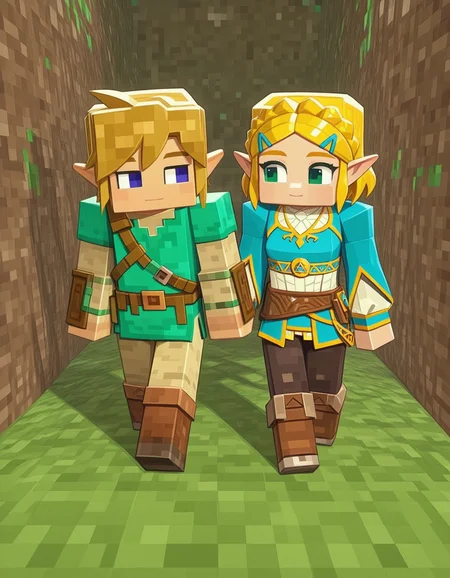 1girl, princess zelda, 1boy, link, legend of zelda, green tunic, side by side, minecraft filter, masterpiece, best quality, amazing detail, high definition,