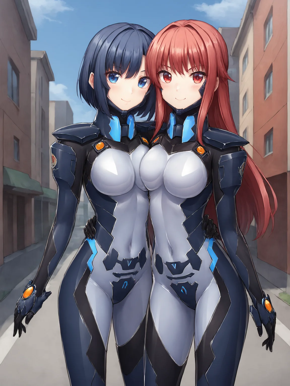 score_9, score_8_up, score_7_up, zPDXL, zPDXLpg, <lora:offset_0.2:0.1>, <lora:spo_sdxl_10ep_4k-data_lora_webui:1>, bluetype99fortifiedsuit, 1girl, fortified suit, pilot suit, armored bodysuit, impossible bodysuit, skin tight, blue bodysuit, shiny clothes, chin guard, headgear, <lora:Type_99_Fortified_Suit__Muv-Luv_Alternative_Chronicles:0.8>, (2girls:1.2), standing, side-by-side, (v, peace sign:1.2), blush, smile, outdoors, city, street, looking at viewer
blue hair, blue eyes, medium hair, hair behind ear, bangs
red hair, red eyes, long hair, hair behind ear, bangs