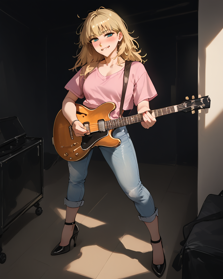 <lora:officialpit_v2-8:0.65>, score_9, score_8_up, score_7_up, incredible lighting, shadows, 8k, dark, night, backlit, <lora:LowReal_XL_Pony:0.8>, <lora:add-detail-xl:0.85>, 1girl, standing, blonde hair, messy hair, bangs, looking at viewer, biting lips, blushing, squinting, eyes slit, high heels, pink shirt, jeans, ((playing electric guitar)), f-hole electric guitar,  <lora:es335-pony:0.75>,