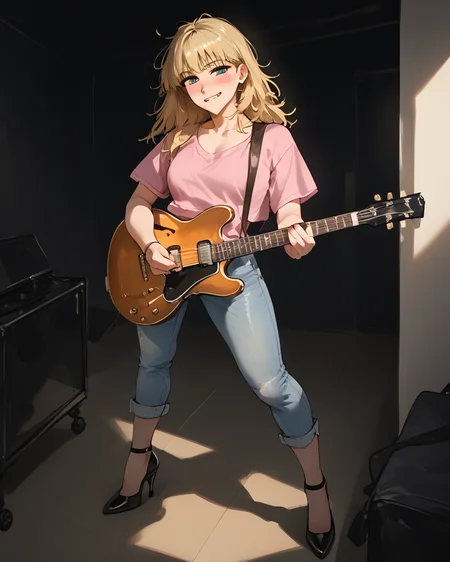 <lora:officialpit_v2-8:0.65>, score_9, score_8_up, score_7_up, incredible lighting, shadows, 8k, dark, night, backlit, <lora:LowReal_XL_Pony:0.8>, <lora:add-detail-xl:0.85>, 1girl, standing, blonde hair, messy hair, bangs, looking at viewer, biting lips, blushing, squinting, eyes slit, high heels, pink shirt, jeans, ((playing electric guitar)), f-hole electric guitar, <lora:es335-pony:0.75>,
