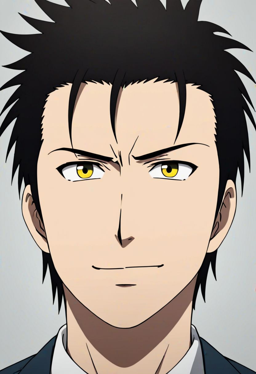 Highres, Masterpiece, High Quality, 4K, 8K, solo, 1Boy, Soujirou Agata, borown eyes, black hair, Shirt, passport_photo_style, looking at viewer, angry, smile, focused gaze forward, plain background, straight body, head upright, easynegative, detailed_eye_model