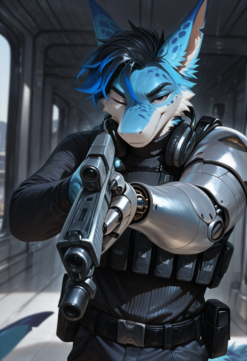 photorealism, photorealistic, hi res, depth of field, detailed background, detailed fur, soft light,
azuro_steelpaw, anthro, adult, 1boy, solo, male focus, furred shark, male, marine, furry male, single mechanical arm, silver mechanical arm, prosthesis, spots, looking at viewer, blue highlights, black hair, animal ears, black claws, azure fur, black eyes, belts, black clothing, black turtleneck with long sleeves, techwear,
(masterpiece, best quality, very aesthetic, newest, 2024), (artist:syuro:0.8), (artist:nomax:0.5), (artist:honovy:0.6), (artist:kenket:0.6), (artist:taran fiddler:0.6), shooting range, wearing headphones, holding weapon, holds assault rifle, (assault rifle:1.15), aiming, one eye is closed,
<lora:Azuro_Steelpaw_OC_Illustrious_2:1>