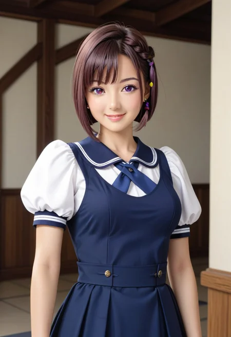 in monastery, (hand on waist, kimura manatsu, short hair, skirt, brown hair, shirt, single side braid hair, bob-cut, standing, school uniform, standing, purple eyes, white shirt, short sleeves, (blue pinafore dress), puffy sleeves, indoors, cowboy shot) 1girl, best quality, cowboy shot, seductive smile, Overall Detail, (slim, looking at viewer, young-adult), large breast, Fix hand <lora:Kimura_Manatsu_ATSK_Pony:1>