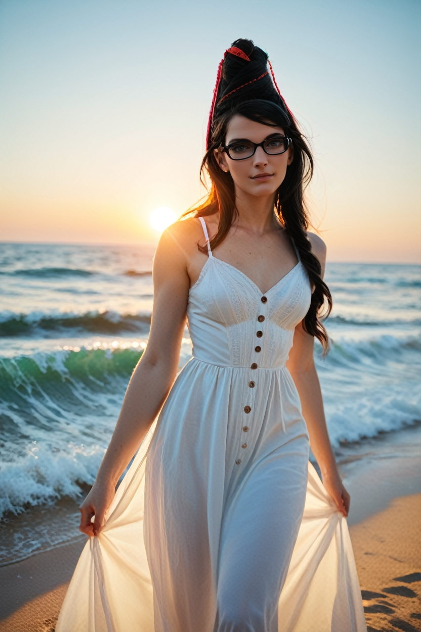 score_9, score_8_up, score_7_up, score_6_up
<lora:BBayo:1.0>
BBayo, 1girl, black hair, long hair, glasses, looking at viewer, on a beach during a vibrant sunset, sundress, playing with the waves