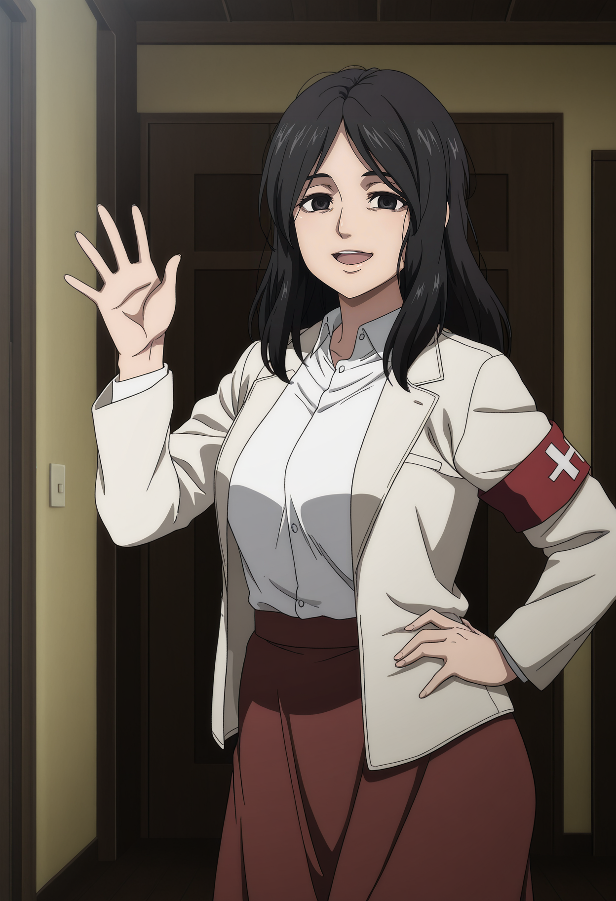1girl,solo,mm,mature female,black hair,long hair,black eyes,anime coloring,
jacket,armband,collared shirt,white shirt,skirt,red skirt,long skirt,open jacket,waving,hand on own hip, open mouth, smile,looking at viewer, indoors
,masterpiece,best quality,amazing quality,<lora:Pieck_Finger-Shingeki_no_Kyojin-The_Final_Season:0.8>