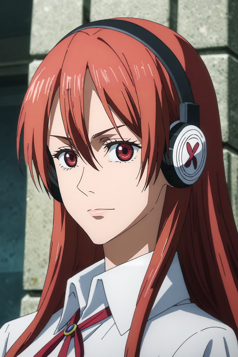 score_9, score_8_up, score_7_up, source_anime, rating_safe, intricate details, (realistic:0.6), looking at viewer, , , 1girl, <lora:chelsea_akame_ga_kill_pony:0.70>, chelsea_akame_ga_kill, red hair, red eyes, long hair, hair between eyes, bangs, headphones, ribbon, neck ribbon, solo, The Castle of Shadows, <lora:jujutsu_kaisen_style_pony:0.8>, jujutsu_kaisen_style, <lora:sdxl_lightning_8step_lora:1>