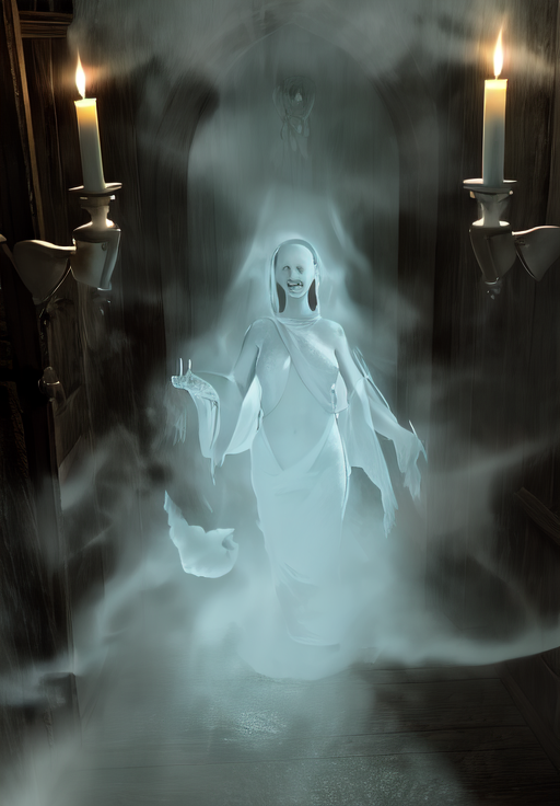 <lora:Wispmother:0.8>, Wispmother, portrait, Ghostly, Haunted Mansion, Eerie Shadows, Flickering Candles, Creaking Floorboards, Whispering Apparitions, Chilling Breeze, Dim Moonlight, Forgotten Memories, Fading Portraits, Ominous Silence, Phantom Footsteps, Creeping Fog, Ancient Curse, Uncanny Presence, Faint Ghostly Laughter, (masterpiece, best quality, absurdres, detailed, ultra-detailed:1.3), (highly detailed, high quality:1.3)