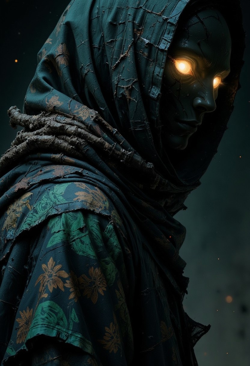 A S1n0z1ck style surreal, m100-style gothic scene in a dimly lit, This scene describes a close-up of a dark, tattered hood, seemingly empty, yet from within its shadowy depths, two ghostly eyes faintly glow with a menacing, almost malevolent light. The hood belongs to a long coat that appears much darker now, with muted, almost blackened hues of deep greens, dark blues, and earthy browns. The intricate patchwork still remains, but its colors are faded and worn, giving the garment an ancient, weathered appearance, as if it has survived many eerie nights. The patterns, once vibrant, are now subdued and twisted, almost blending into the dark fabric like ghostly shapes.
The coat’s edges, stitched with dark green thread, now look more frayed and rough, as if they've been slowly unraveling over time. The large dark blue floral patch on the left side is barely discernible, its outline faintly visible in the low light, while the smaller floral embroidery on the right is dulled, as though the colors have been drained by years of exposure to darkness. The subtle pattern on the wide sleeve has become distorted, almost as if it is alive, shifting with a faint, eerie glow. The deep green lining peeks out from the collar like a shadow creeping out of the void, enhancing the coat’s dark and ominous presence.mythp0rt