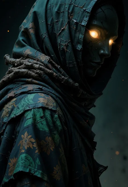 A S1n0z1ck style surreal, m100-style gothic scene in a dimly lit, This scene describes a close-up of a dark, tattered hood, seemingly empty, yet from within its shadowy depths, two ghostly eyes faintly glow with a menacing, almost malevolent light. The hood belongs to a long coat that appears much darker now, with muted, almost blackened hues of deep greens, dark blues, and earthy browns. The intricate patchwork still remains, but its colors are faded and worn, giving the garment an ancient, weathered appearance, as if it has survived many eerie nights. The patterns, once vibrant, are now subdued and twisted, almost blending into the dark fabric like ghostly shapes.
The coat’s edges, stitched with dark green thread, now look more frayed and rough, as if they've been slowly unraveling over time. The large dark blue floral patch on the left side is barely discernible, its outline faintly visible in the low light, while the smaller floral embroidery on the right is dulled, as though the colors have been drained by years of exposure to darkness. The subtle pattern on the wide sleeve has become distorted, almost as if it is alive, shifting with a faint, eerie glow. The deep green lining peeks out from the collar like a shadow creeping out of the void, enhancing the coat’s dark and ominous presence.mythp0rt
