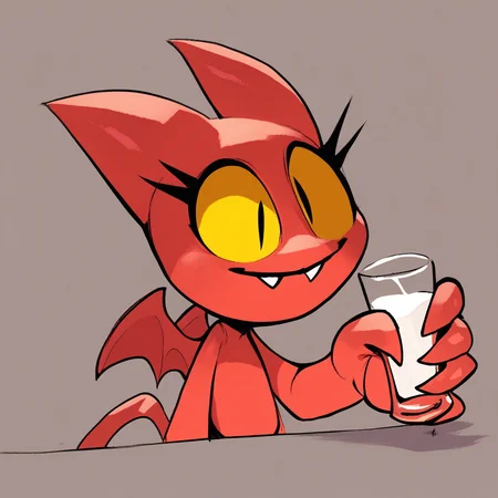 score_9, score_8_up, Satina, red skin, yellow sclera, slit pupil, wings, demon tail, cute fang, holding, glass chalice, milk