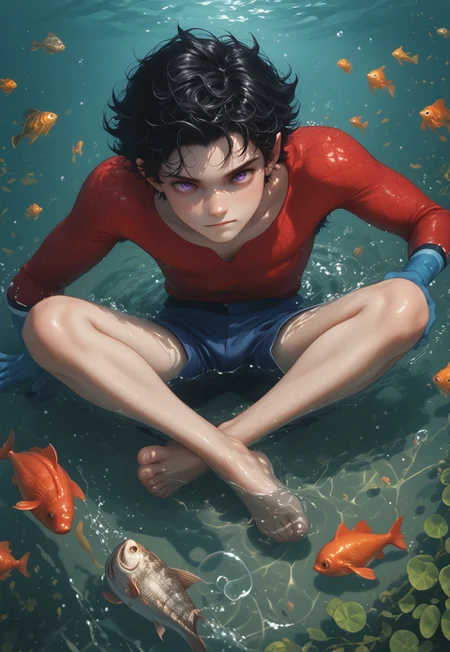 score_9, score_8_up, score_7_up, 1boy, swimming in the sea, playful expression, 1boy, Aqualad, Black Hair, Purple eyes, (Year One, Grey Skin, Pointy Ears) red scale shirt, blue gloves, blue shorts, barefoot, fully submerged, fish, water, masterpiece, school of fish, seaweeds, seashells, bubbles, light beams, light coming from above, best quality, ultra-detailed, studio photo, 8k cg wallpaper, Light sources around, fully illuminated body, white balance, more_details:1.5