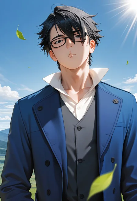 masterpiece, best quality, amazing quality, absurdres, newest, detailed background, definition so sharp, Ultra-HD, 8K cinematic, very awa, impressionate, amazing quality, highres, d10w21ll,
solo, male focus, manly, mature male, bara, day, blue sky, outdoor, sunbeam, windy, flying leaf,
1boy, short hair, glasses, saruhikofushimi, saruhiko_black hair, saruhiko_black eyes, blue coat, collared shirt, o3o, depth on field, upper body, focus on scene, landscape, wide angle perspective