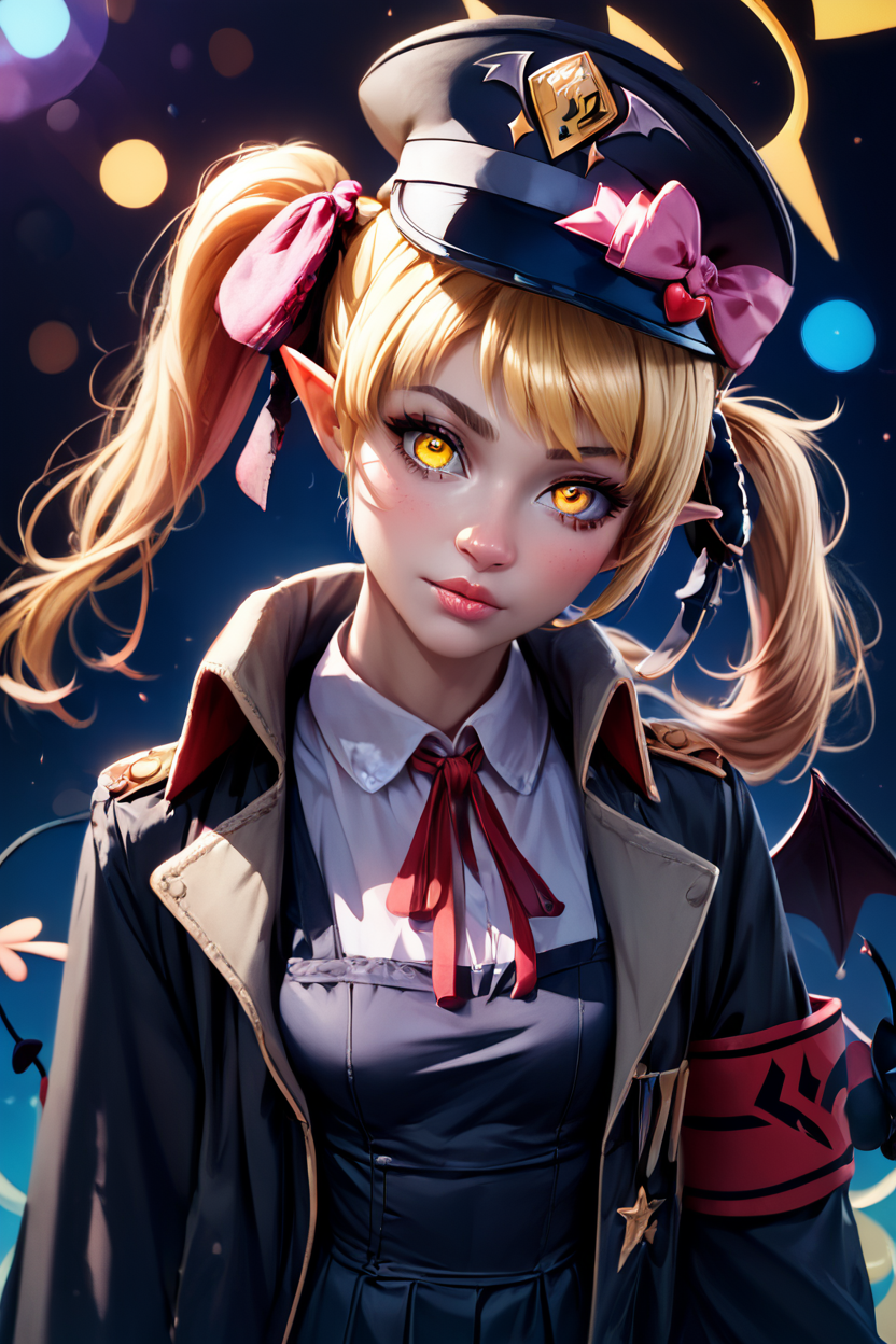 score_9, score_8_up, score_8, medium breasts, (curvy), cute, eyelashes,       BREAK, , ,,, zzIbuki, yellow eyes, yellow halo, blonde hair, long hair, tail, side ponytail, horns, demon horns, black horns, hair ribbon, pointy ears, wings, demon wings, black wings, tail, demon tail, horns, black tail, demon horns, black horns, demon girl, low wings, hair ribbon, neck ribbon, black headwear, red ribbon, peaked cap, black coat, collared shirt, long sleeves, open coat, pinafore dress, sleeves past fingers, black dress, hat bow, white shirt, yellow footwear, boots, white shorts, oversized clothes, red armband, military hat, pink bow, <lora:Ibuki_BlueArchive_PDXL:0.8>,    ,,,, BREAK,  (ultra realistic,32k, masterpiece:1.2),(high detailed skin:1.1),( high quality:1.1), head tilt, lips, closed mouth, shiny clothes, (upper body), looking at viewer, bokeh, luminescent background, ,,, embedding:zPDXL, Expressiveh, ,,, <lora:RlAnmPDXL:1.0>,