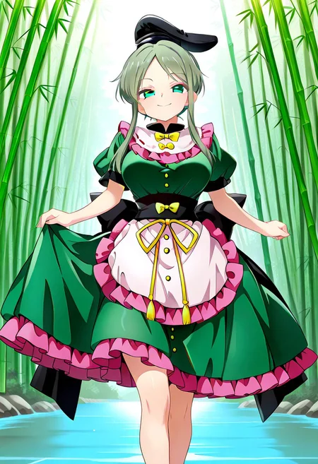 baba style, ((bamboo forest)), ((river)), ((day time)), 1girl, solo, (standing), (posing), (looking at viewer), ((large breasts)), smile, ((teireida mai)), green hair, green eyes, short hair with long locks, hat, tate eboshi, short sleeves, bow, green dress, ribbon, frills, waist apron, ribbon, legs