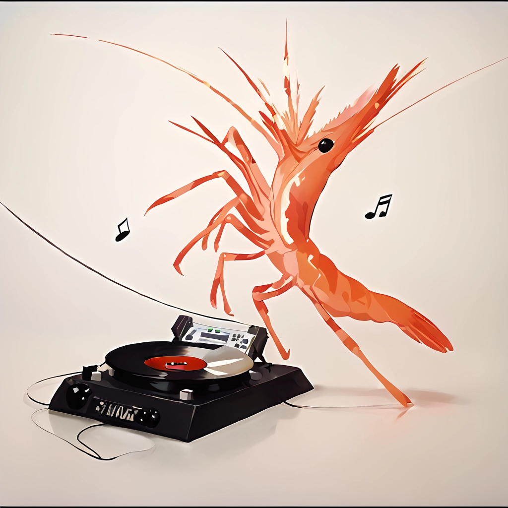 score 9, score 8 up, score 7 up, score 6 up, score 5 up, score 4 up, BREAK, shrimp, dancing,  note, cutie mark, record player, 
 <lora:pony_shrimp:1>