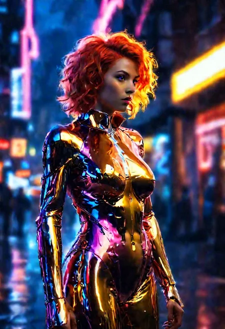young woman standing on a futuristic street, (raining:2.0), car lights can be seen in the background, super sexy mechanical leotard, midriff, beautiful ass, surrounded by neon colors, 3/4 turned to side, <lora:sdxl_lightning_8step_lora:1>, (photorealistic:1.2), (intricate and beautiful:1.8), interesting setting:2, cute fit 18 year old, girl, young, giant breasts, facing side, (masterpiece, best quality, highres:1.2), <lora:CyborgCosplay_SDXL:1> , CyborgCosplay, mechanical arms, mechanical legs, head gear, futuristic, technological, cybernetic enhancements, Cosmic light in backfront, omnipotent, color graded cinematic, backlight:2, hair light:2, <lora:SDXLFaeTastic2400:0.35> , vibrant whimsical colors, whimsical fantasy, cinematic composition:2, <lora:great_lighting:3> , great lighting,