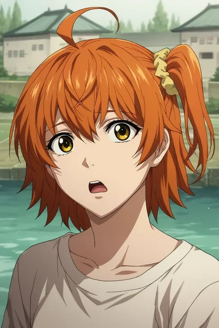 zPDXL, score_9, score_8_up, score_7_up, rating_safe, intricate details, looking at viewer, depth of field, 1girl, fujimaru ritsuka \(female\), orange hair, yellow eyes, ahoge, hair scrunchie, one side up, solo, close-up, pond, arch, japanese architecture, noon, slouching, open mouth, <lora:death_note_style_pony:1.08>, death_note_style, , <lora:sdxl_lightning_8step_lora:1>