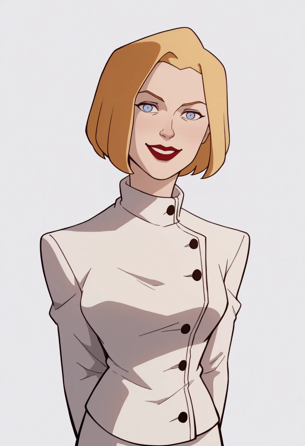 score_9, score_8_up, score_7_up, score_6_up, score_5_up, score_4_up, BREAK,
1girl, agentl, blonde hair, short hair, blue eyes, red lips, makeup,
white coat, white skirt,
arms behind back, upper body, smile, looking at viewer, solo, simple background, white background <lora:AgentLXL:1>