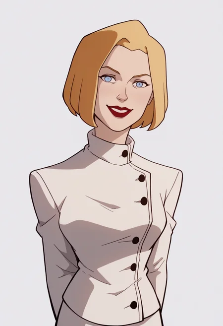 score_9, score_8_up, score_7_up, score_6_up, score_5_up, score_4_up, BREAK,
1girl, agentl, blonde hair, short hair, blue eyes, red lips, makeup,
white coat, white skirt,
arms behind back, upper body, smile, looking at viewer, solo, simple background, white background <lora:AgentLXL:1>