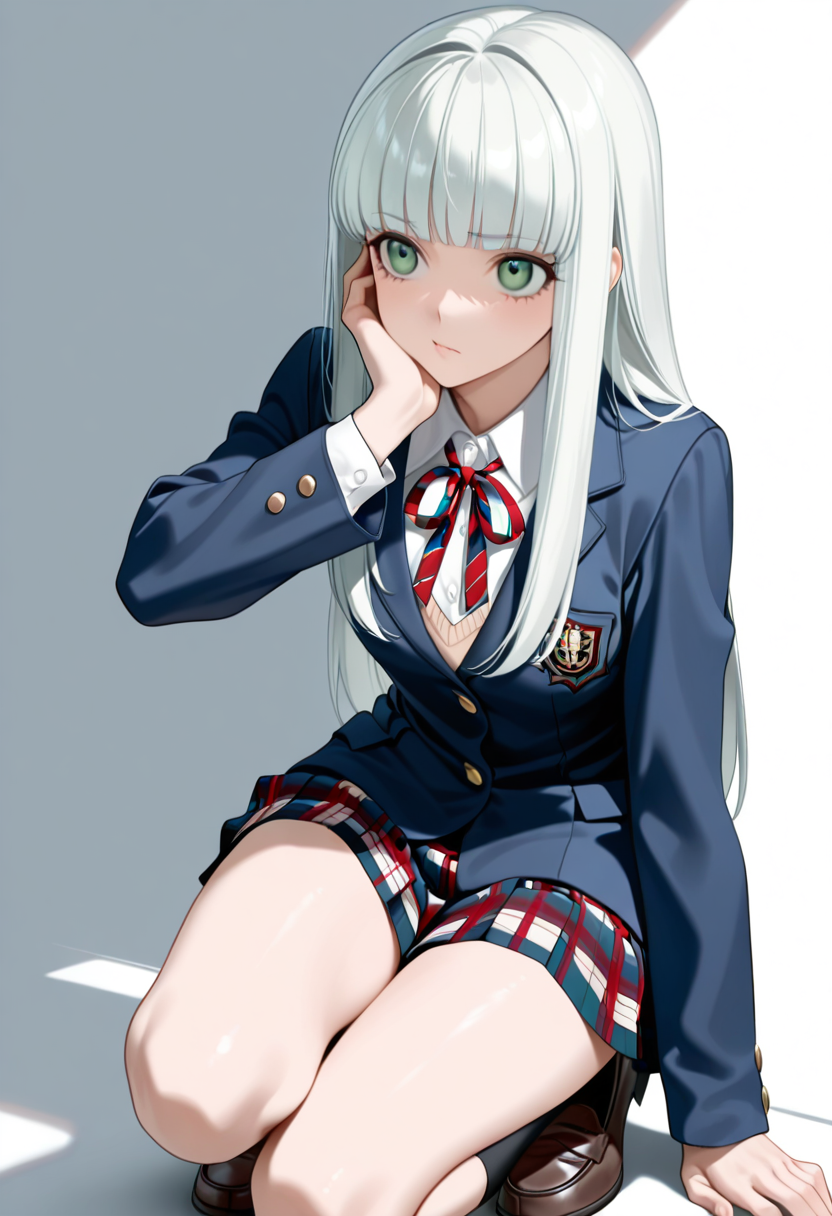 <lora:Lailh_V1:1>,purelailh,1girl,white long hair,green eyes,<lora:Schooluniform2IL:1>,wearing  Jedschu2,school blazer,ribbon tie,plaid skirt,loafers,