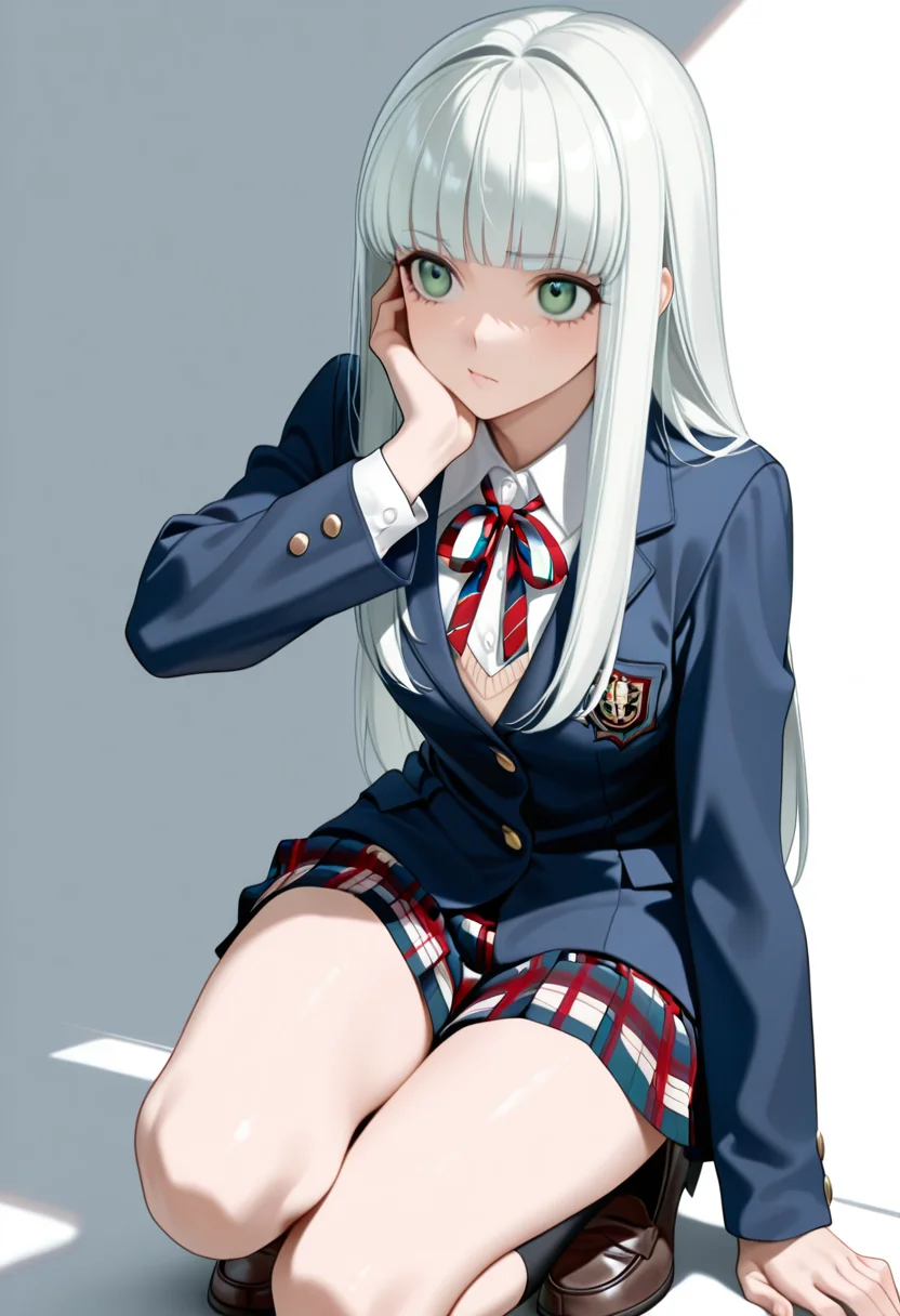 <lora:Lailh_V1:1>,purelailh,1girl,white long hair,green eyes,<lora:Schooluniform2IL:1>,wearing  Jedschu2,school blazer,ribbon tie,plaid skirt,loafers,