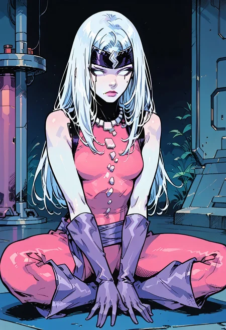1girl, score_9, score_8_up, score_7_up, masterpiece, high quality, western cartoon, very detailed, full color picture, vibrant colors, solo, alone, 1girl,
oracle, pale blue skin, white hair, long hair, straight hair, bodysuit, full body, uneven boots, purple gloves, purple boots, purple sash, white decal on suit, suit1, white necklace, black headdress, makeup, lipstick, white eyes, sleeveless,
sitting, closed mouth, indian style, meditating, facing forward, hovering, alien room, futuristic room,