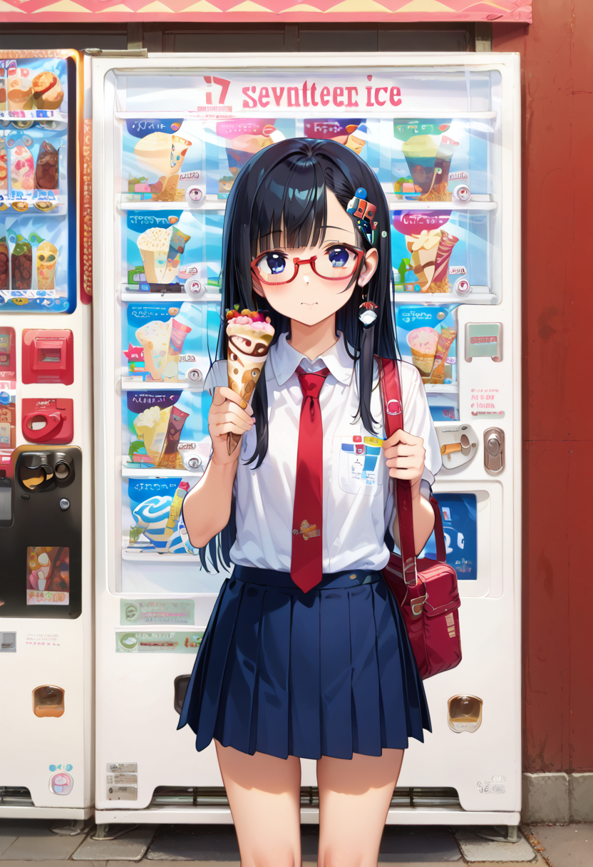 score_9, score_8_up, score_7_up, rating_safe, masterpiece, best quality, absurdres, unity 8k wallpaper, official art, official style, source_anime, uncensored, game cg, megami magazine,
1girl, solo, glasses, black hair, long hair, blue eyes, collared shirt, red necktie, pleated skirt, blue skirt, looking at viewer, blush, holding, hollding food, 
17ice, vending machine, food, ice cream, still life, english text, scenery, 
<lora:17ice_PONY_V1:1>