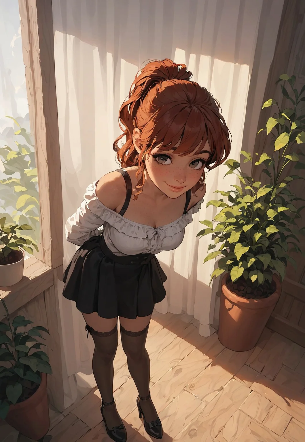 safe_pos, (masterpiece), best quality, score_9, score_8_up, score_7_up,rating_questionable, (source_cartoon:0.7), source_ anime, perfect face, detailed face. 
1girl, brown hair, high ponytail, black hair tie, wavy hair, bangs, strands of hair, expressive brown eyes, freckles, soft smile, youthful face, off-shoulder blouse, ruffled neckline, bow on chest, white blouse, form-fitting skirt, black skirt, mid-thigh skirt, sheer black stockings, black mary janes, mary jane heels, leaning forward, hands behind back, subtle playful pose, inviting expression, approachable demeanor, confident posture, gentle smile, modern lobby, corporate building, clean walls, reception counter, potted plants, soft lighting, natural light, calm atmosphere, professional setting, collarbones, shoulders visible, slender figure, curves emphasized, elegant outfit, soft glow, warm appearance, polished heels. (Nikki),