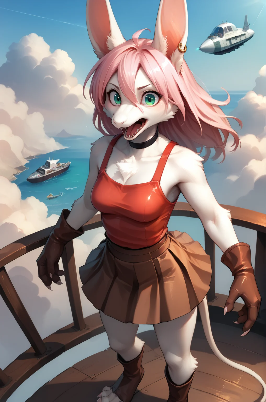 score_9, score_8_up, score_7_up, fluffy, tufts, furry, BREAK,
solo, 1girl, freyac, female, white fur, green eyes, teal eyes, pink hair, white tail, anime, stylized, cute, big eyes, alert, surprised, red tanktop, black choker, brown gloves, leather gloves, earrings, gold earrrings, brown skirt, tan skirt, short skirt, medium breasts, wind, looking at viewer, mouth open, interest, wide-eyed, three-quarter_view, from above, clouds background, sky, airship, standing on wooden platform,
zPDXL, <lora:Pony_DetailV2.0:1>, <lora:Freya10S 97:1>