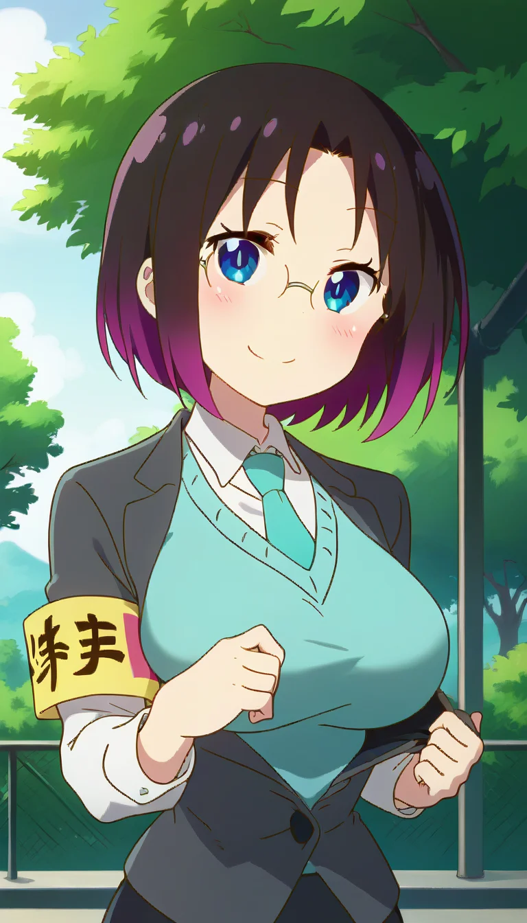 score_9,score_8_up,score_7_up,score_6_up BREAK official art,solo,outdoors,upper body,(portrait:1.5),looking at viewer,facing viewer,smile,blush,Elma,short hair,black hair,gradient hair,purple hair,parted bangs,blue eyes,glasses,black jacket,open jacket,aqua necktie,aqua sweater vest,white shirt,collared shirt,armband,long sleeves,large breasts,skindentation,black skirt,pencil skirt,skirt suit,high heels,black footwear,<lora:Elma(mkdm)-Pony:1.5>,