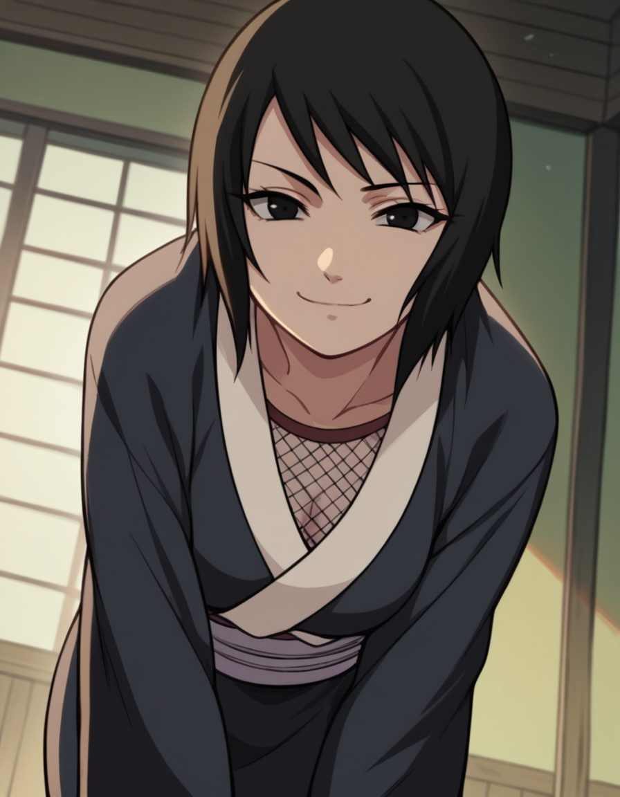 score_9, score_8_up, score_7_up, source_anime, <lora:shizune-s2-ponyxl-lora-nochekaiser:1>, shizune, short hair, black hair, black eyes, medium breasts,, long sleeves, collarbone, japanese clothes, fishnets,, indoors, bent over, smile, smug, looking at viewer, solo,, cowboy shot, dutch angle
