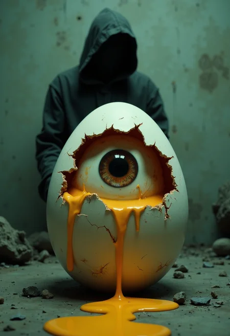 horror-themed image depicts a surreal and unsettling scene of an eye emerging from a cracked eggshell, with a hooded figure standing behind it. The eye is positioned centrally in the frame, surrounded by a white eggshell that has been broken open to reveal its contents. The iris is a deep brown color, while the pupil appears black. A yellowish-orange liquid drips from the bottom of the eye, creating a sense of unease and discomfort.
The hooded figure stands behind the eye, partially obscured by shadows. Its face is not visible, adding to the mystery and tension of the scene. The background is a muted green color, which contrasts with the bright yellowish-orange liquid dripping from the eye. The overall atmosphere of the image is one of unease and discomfort, as if something is about to break free or emerge from the eggshell.
The composition of the image is simple yet effective, with the eye and hooded figure taking center stage. The use of shadows and lighting creates a sense of depth and dimensionality, drawing the viewer's attention to the central figures. The color palette is muted, with the exception of the bright yellowish-orange liquid, which adds a pop of color and creates visual interest.
The mood of the image is one of unease and discomfort, as if something is about to break free or emerge from the eggshell. The use of shadows and lighting creates a sense of tension and anticipation, making the viewer feel like they are witnessing something momentous. The overall effect is one of surrealism and unease, leaving the viewer with a lasting impression.
In terms of artistic style, the image appears to be a digital artwork, possibly created using a software such as Adobe Photoshop or Illustrator. The use of bold lines and bright colors creates a sense of drama and tension, while the muted background helps to focus attention on the central figures. The overall effect is one of high-contrast, graphic art that is both striking and unsettling.
. eerie, unsettling, dark, spooky, suspenseful, grim, highly detailed