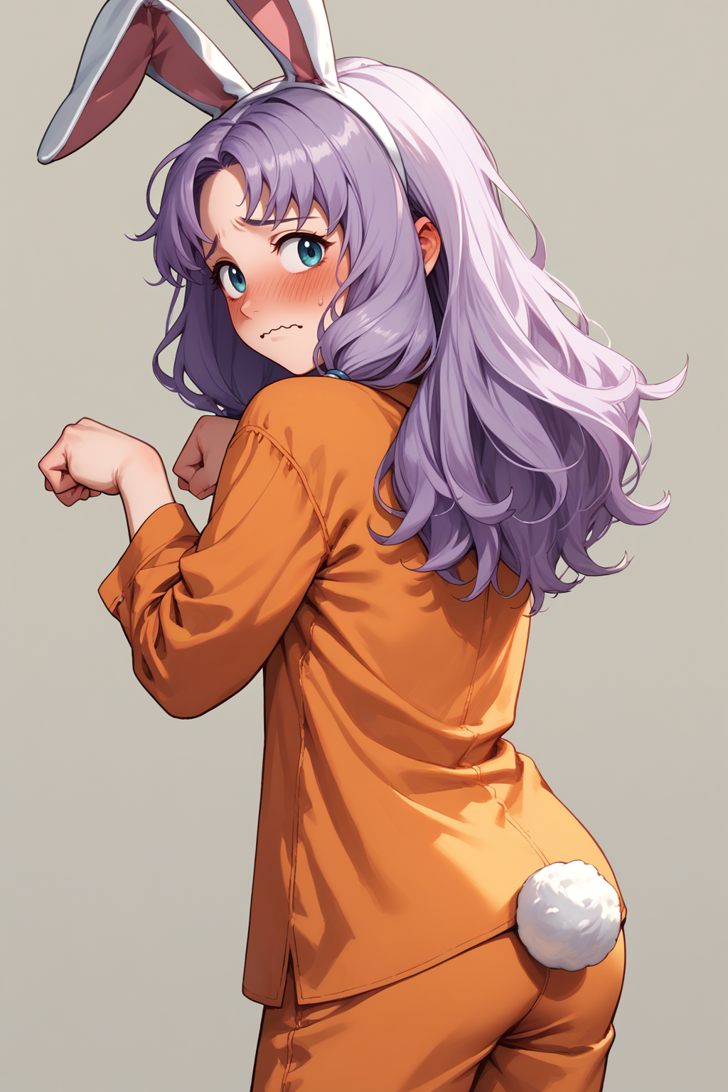 score_9, score_8_up, score_7_up BREAK 1girl, solo,  <lora:NSFlorinaFE7:1> NSFlorinaMisc, light purple hair, long hair, parted bangs, low-tied sidelocks, orange pajamas, bunny ears, bunny tail, looking back, paw pose, heavy blush, wavy mouth, shy