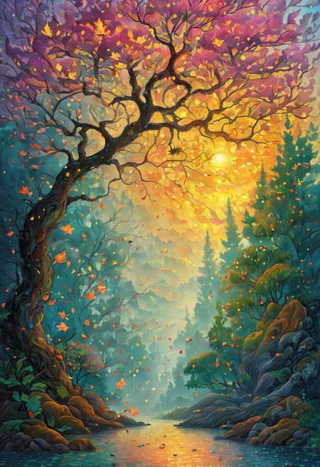 Bohemian Art, Low Angle, Yumei Style, Best Quality, High Resolution, 8k Very Beautiful, Mesmerizing Fireflies, Maple Leaf Floral Vibe, Vibrant Godray Effects Realistic, Super Detailed Vibrant Glowing Rose Petals , glowing leaves, dreamy wonderland gardens and playful firefly slutty are inspired by Yuumei's huge bustle of extremely detailed scenes, the overall style is reminiscent of fantasy art, focusing on intricate details and a sense of wonder. This painting is a true masterpiece, demonstrating the artist's extraordinary skill in capturing the beauty and majesty of nature in a surreal and imaginative way. soft colors,
<lora:Paul_Signac_Neo-Impressionist_dotted_paintings_Pointillism:1> ah_signac <lora:TQ_-__Kids_Storybook_Illustrations_XL-000006:0.2> <lora:ral-lava-sdxl-v2:0> ral-lava <lora:artivelyTREETTREET_SDXL_V1:1.2> Arttrttrt