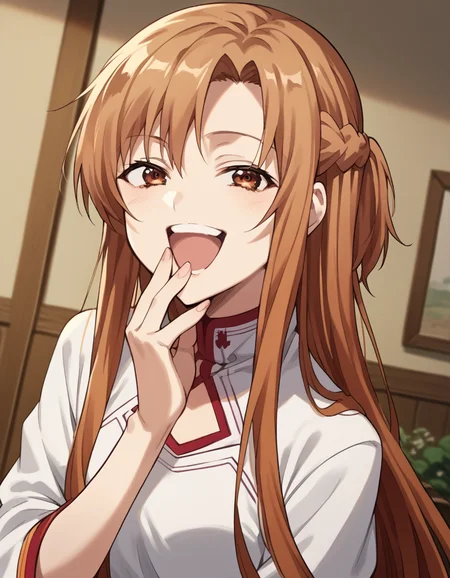 score_9, score_8_up, score_7_up, source_anime, asunayuuki, <lora:asuna-yuuki-s1-ponyxl-lora-nochekaiser:1>, asuna yuuki, long hair, brown hair, brown eyes,, <lora:ojou-sama-pose-ponyxl-lora-nochekaiser:1>, ojou-sama pose, laughing, smug, hand to own mouth, open mouth,, indoors, smile,, cowboy shot, dutch angle, looking at viewer,