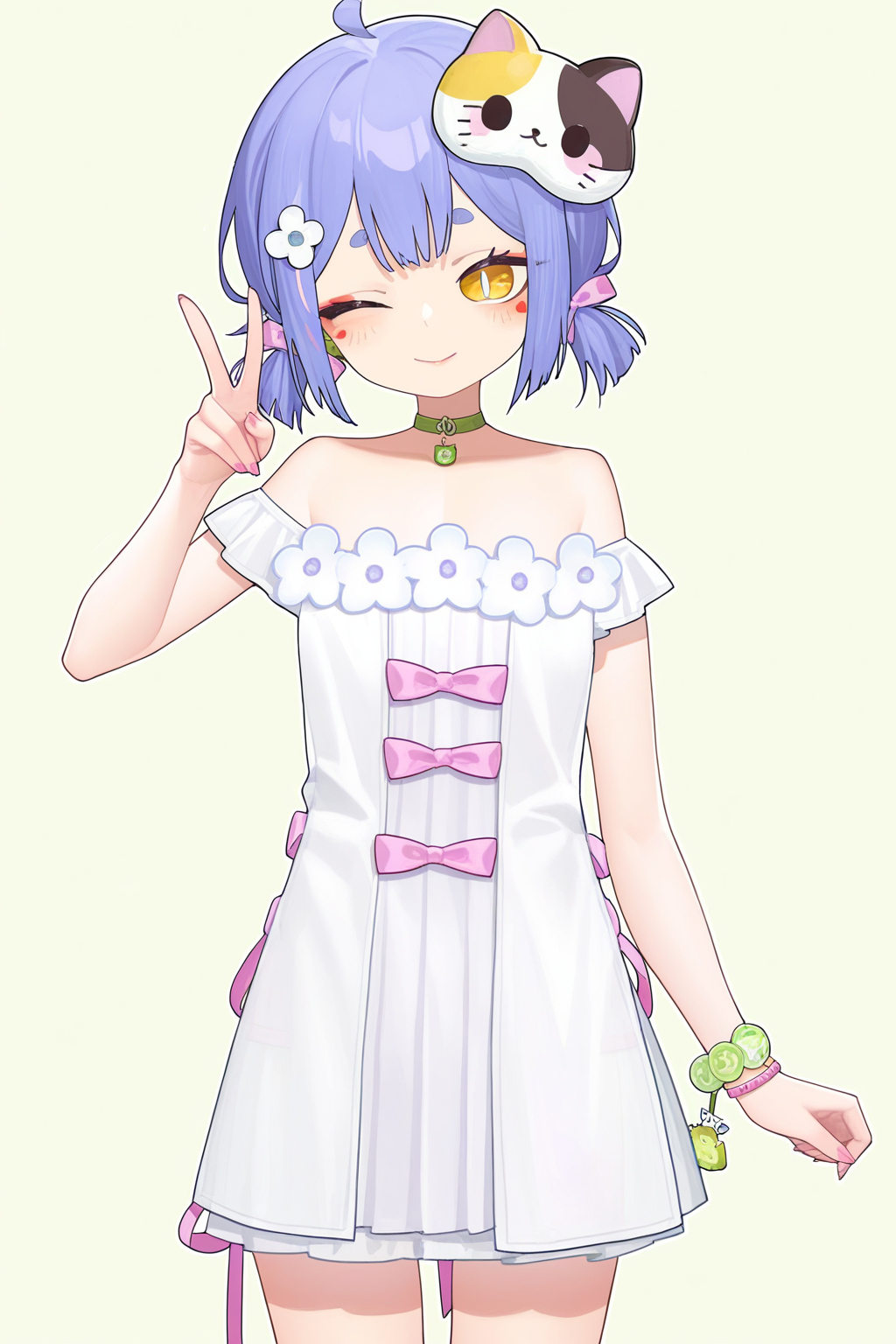1girl,,wazi,dress,yellow eyes,mask,short hair,blue hair,white dress,twintails,
((tianliang duohe fangdongye)),(qizhu:0.9),
year_2023,foreshortening,highres,high definition,absurdres,amazing quality,best quality,masterpiece,very aesthetic,masterpiece,simple background,blush,cowboy_shot,v,one eye closed,smile,<lora:wazi_noob-000024:0.9>