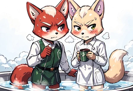 sketch,
  duo,
   cute Fox mcCloud,
   antro, poppy, marshall, white fur, red fur, pink fur, two colored fur, dress, sweater, bangs, blush,
 sweating, embarrassed, horny expression,
hot steam, coffee cup,  bath tub, bath towel