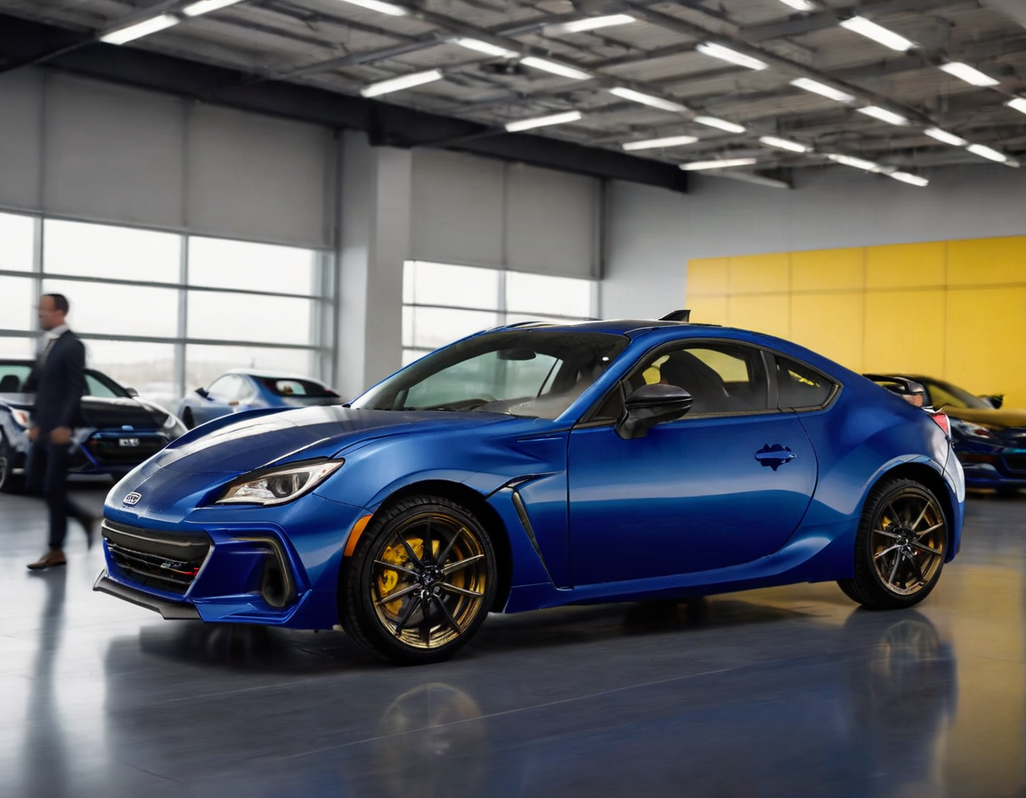epic cinematic shot of dynamic portrait, a ((Sapphire blue)) Subaru-BRZ, yellow trade plates, in a car showroom, highly reflective black floor, huge window, side view in motion. main subject of high budget action movie. raw photo, motion blur. best quality, high resolution