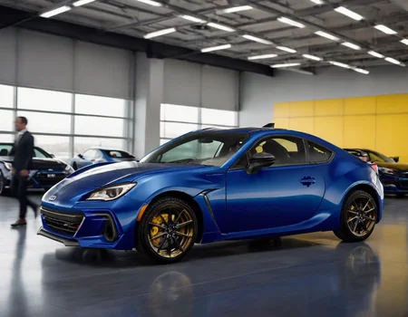 epic cinematic shot of dynamic portrait, a ((Sapphire blue)) Subaru-BRZ, yellow trade plates, in a car showroom, highly reflective black floor, huge window, side view in motion. main subject of high budget action movie. raw photo, motion blur. best quality, high resolution