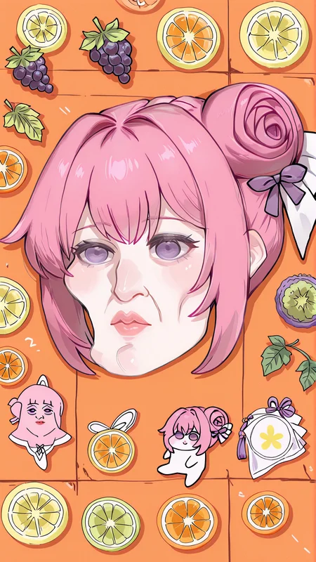 <lora:doro_xypher_ixl_v1>,dorothy \(nikke\),pink hair,purple eyes,single side bun,hair bow,purple ribbon,<lora:Multiple_Object_Background>,Multiple Object Background,orange,orange slice,lemon_slice,grapes,sakuragi_akira,bluk_berry,<lora:handsomize_Illustrious_Mlaofmd>,handsomize,meme,parody,
beautiful face,lips,