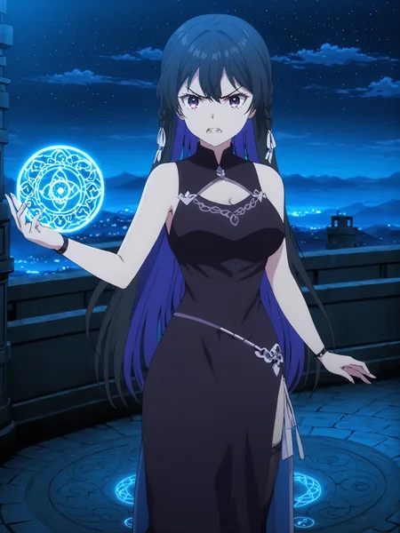 masterpiece, best quality,
<lora:tinasha.sdxl.v3:1> tinasha,
1girl, solo,
black dress, china dress, clothing cutout,
black thighhighs,
casting magic, magic circle, angry,
outdoors, night, dark,