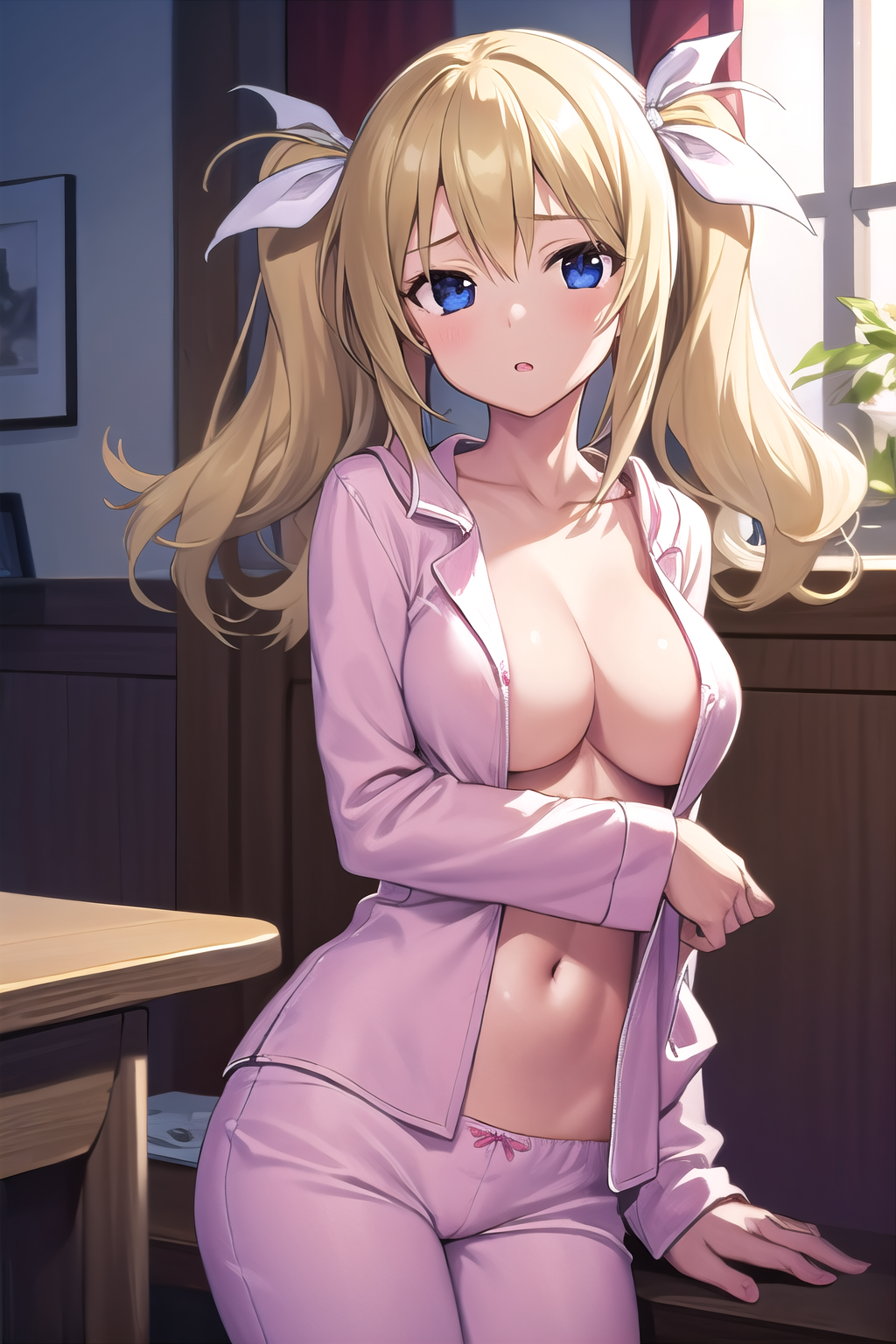 masterpiece, best quality, ultra-detailed, 1girl, pajamas, no bra, Arimura, blonde hair, blue eyes,  hair ribbon, white ribbon,