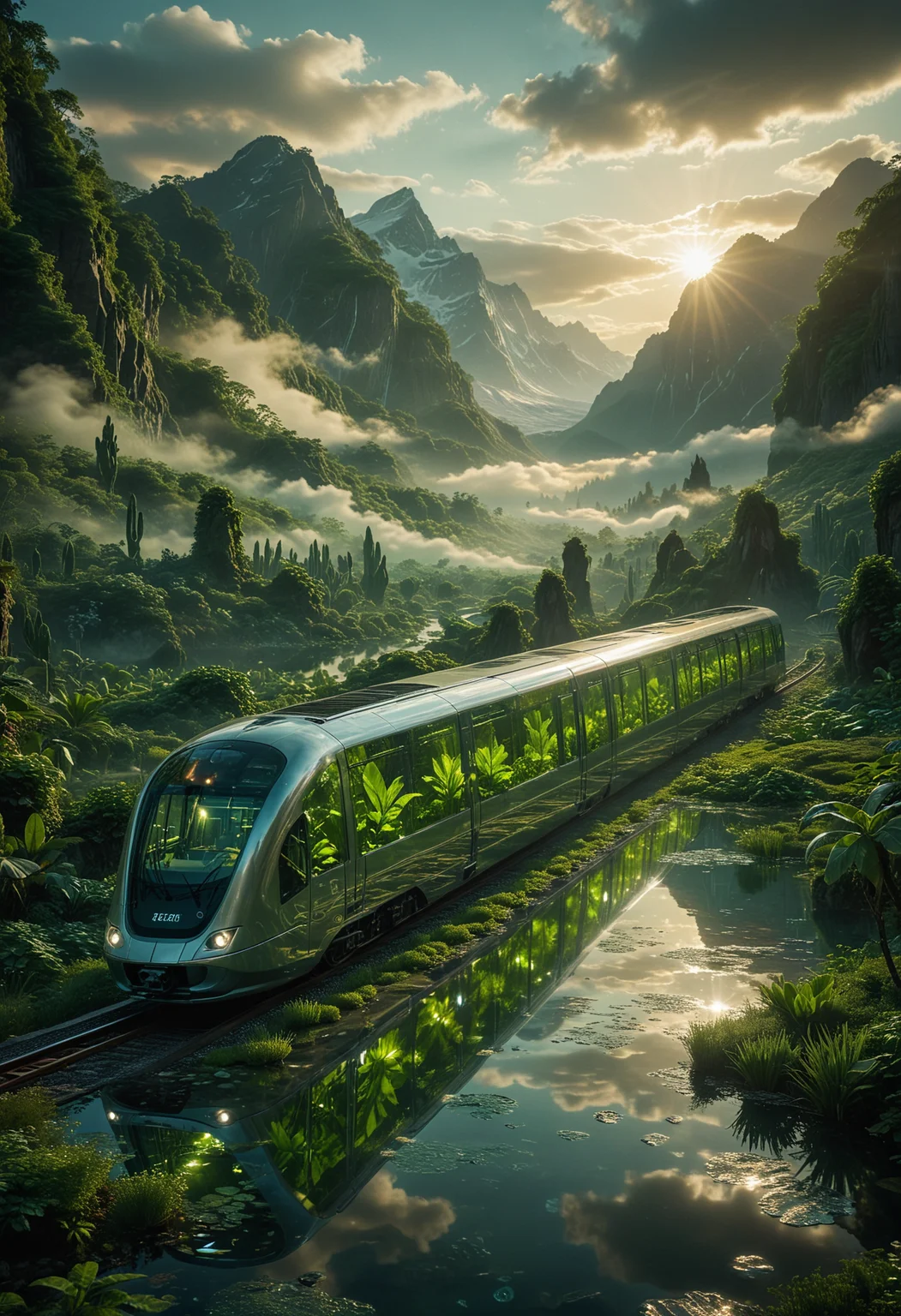 futuristic and cinematic scene, an advanced train with a sleek transparent glass exterior, traveling through a breathtaking landscape, with mountains on distant, the train's interior is filled with vibrant green plants, creating a miniature greenhouse effect, The surrounding environment is bathed in soft ethereal light filtering through gaps in the dense foliage, casting a glow on the reflective water below, the atmosphere is serene and otherworldly, combining elements of nature and futuristic technology, <lora:MJ52:0.3>, <lora:SDXLFaeTastic2400:0.3>, <lora:CinematicStyle_v1:0.8>, <lora:zavy-cntrst-sdxl:0.6>