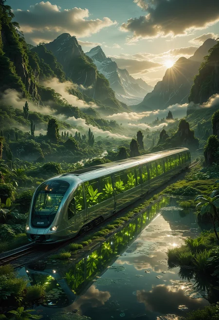 futuristic and cinematic scene, an advanced train with a sleek transparent glass exterior, traveling through a breathtaking landscape, with mountains on distant, the train's interior is filled with vibrant green plants, creating a miniature greenhouse effect, The surrounding environment is bathed in soft ethereal light filtering through gaps in the dense foliage, casting a glow on the reflective water below, the atmosphere is serene and otherworldly, combining elements of nature and futuristic technology, <lora:MJ52:0.3>, <lora:SDXLFaeTastic2400:0.3>, <lora:CinematicStyle_v1:0.8>, <lora:zavy-cntrst-sdxl:0.6>