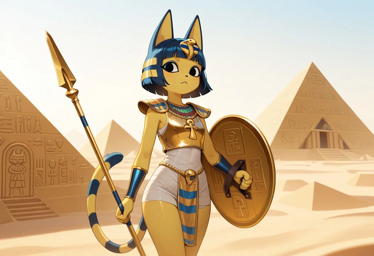 masterpiece, best quality, ultra-detailed, amazing quality, very aesthetic, chiaroscuro, 1girl, solo, ankhaILL, cat ears, tail, cat girl, cat tail, bangs, egyptian armor, snake hair ornament, blunt bangs, blue hair, bob cut, black eyes, colored skin, striped tail, short hair, furry, furry female, anthro, standing, outdoors, desert, pyramids, temple, holding shield, holding spear, shoulder armor, shoulder pads, gold trim, ankh, hieroglyphs, breastplate,