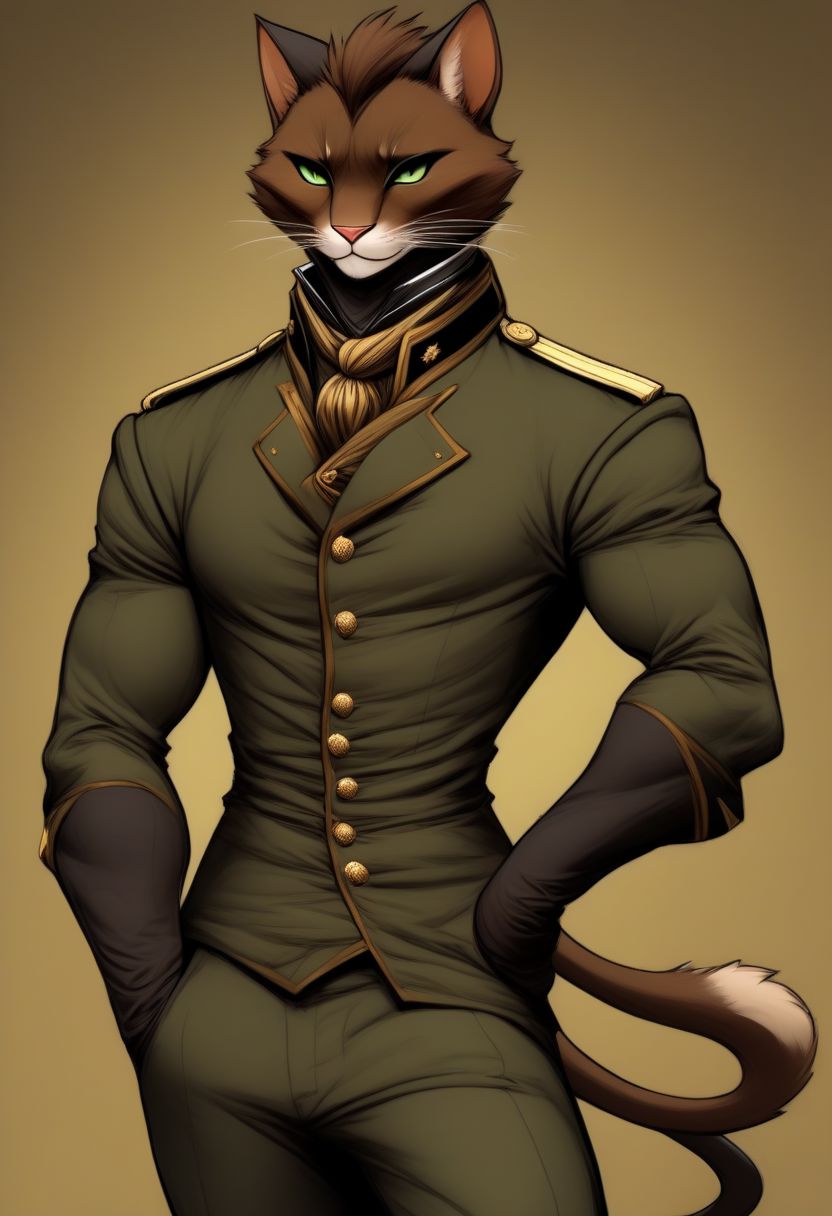 Fit, sleek, tabaxi, male, army uniform, dancer, elegant, leader, calm, dark brown fur, sleek tail, thin tail