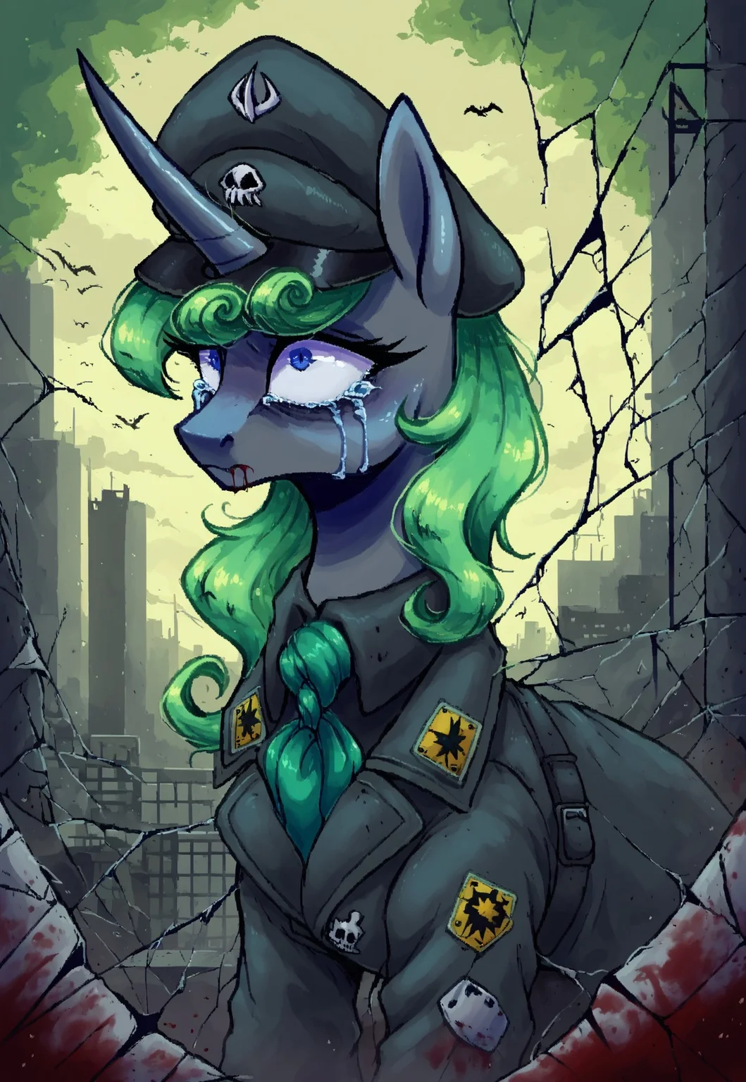 d3p1x3l, pixel art, score_9_up, score_8_up, score_7_up, score_6_up, source_pony, (best quality:1.1), ultra-detailed, high resolution, highly detailed macro illustration, solo BREAK 1girl, Aurantia, changeling queen oc, mlp, feral, black skin, shiny skin, long mint-green mane, (beautiful dark blue eyes), long eyelashes, single horn, ears, (evil face:1.2), frown, dark circles under eyes, crying,  profile, blood from mouth BREAK military battle outfit, peaked cap green tie, hoof on the chest BREAK apocalyptic background, city, war, toxic air, black bombers in the sky BREAK shattered, crack, cracked BREAK sharp focus, perfect lighting, anatomically correct, extremely detailed, high detail, detailed background, OverallDetail, zPDXL3