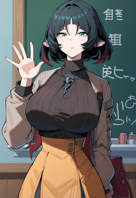 score_9, score_8_up, score_7_up, score_6_up, source_anime, <lora:JaneDoe ZZZ 0.4v:1>,
zzzjd, jane doe (zenless zone zero), 1girl, solo, black hair, red hair, pointy ears, aqua eyes, multicolored hair, collarbone, medium hair, tail, two-tone hair,
skirt, solo, bag, necklace, jewelry, sweater, turtleneck, arm behind back, large breasts, chalkboard, black sweater, turtleneck sweater, waving, looking at viewer, handbag, open clothes, open jacket, long sleeves, brown jacket, long skirt, high-waist skirt, brown skirt, shoulder bag, shirt, shirt tucked in, parted lips, yellow skirt, hand up, standing, expressionless, indoors,