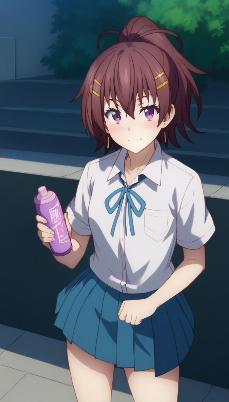 score_9,score_8_up,score_7_up,score_6_up BREAK official art,solo,outdoors,cowboy shot,looking at viewer,facing viewer,smile,blush,Momozono Momoka,long hair,brown hair,ponytail,hair ornament,hairclip,hair between eyes,bangs,purple eyes,school uniform,white shirt,collared shirt,blue ribbon,short sleeves,small breasts,skindentation,miniskirt,blue skirt,pleated skirt,bare legs,sneakers,blue footwear,<lora:Momozono Momoka(dhh)-Pony:1.8>,